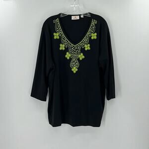 Quacker Factory 3/4 Sleeve Beaded Top - Black/Green - 2X